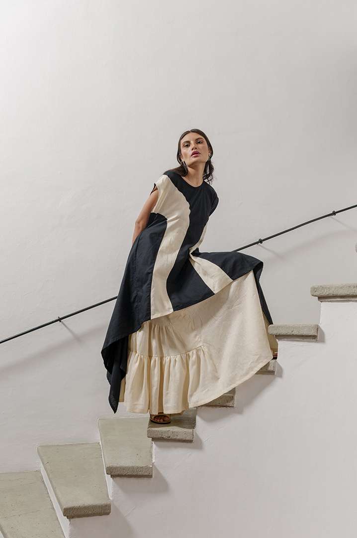 VESTIDO CEIBA LINO NEGRO - CRUDO