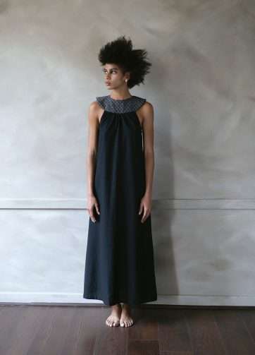 Vestido Balam – Telar negro-flores plata / Lino-a negro
