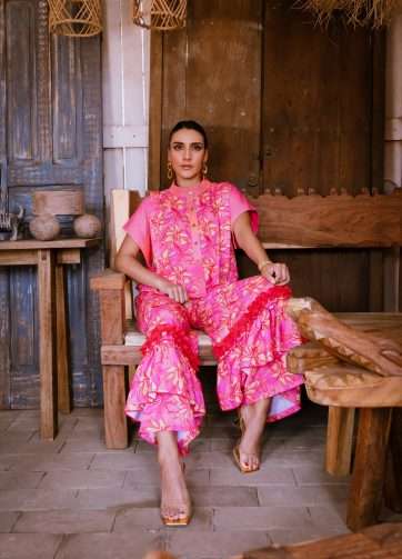 Pantalon Yalitza - lino floral coral-r rojo