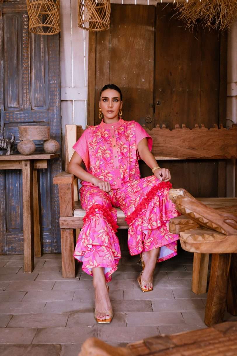 Pantalon Yalitza - lino floral coral-r rojo