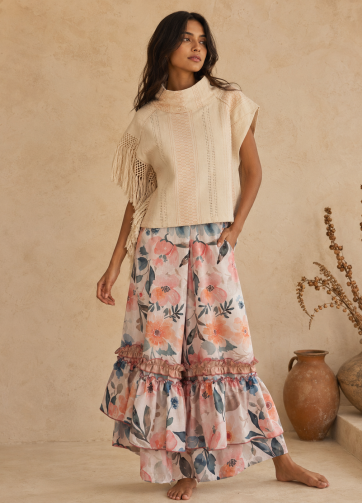 Pantalon Yalitza - Lino floral blanco-r coral