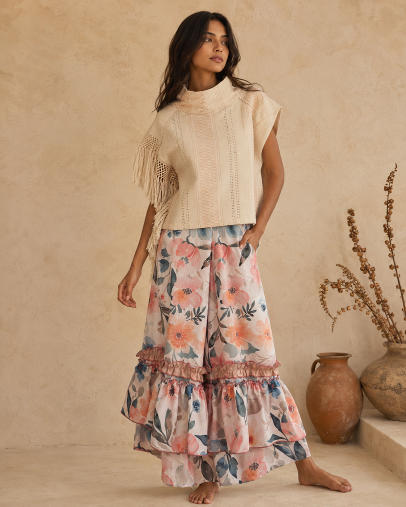 Pantalon Yalitza - Lino floral blanco-r coral
