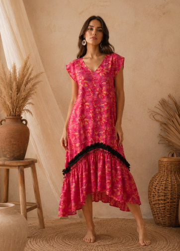 Vestido isis - Lino floral coral - r negro