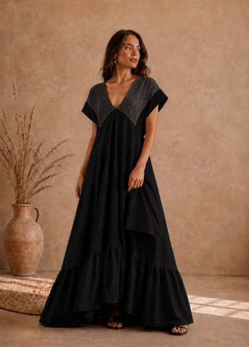 Vestido celeste - Telar negro brocado plata / Lino negro