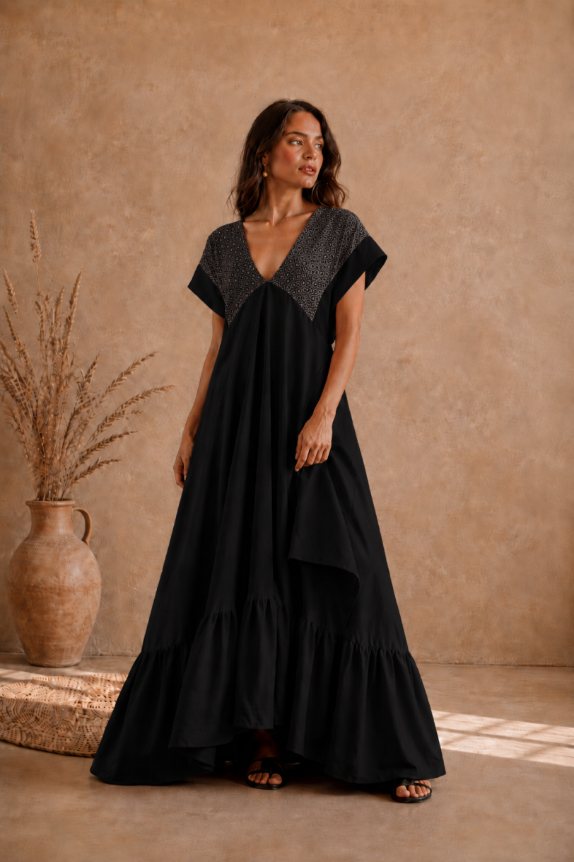 Vestido celeste - Telar negro brocado plata / Lino negro
