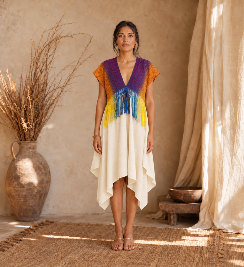 Vestido mitla - Telar multicolor MAAm / Lino-crudo mg