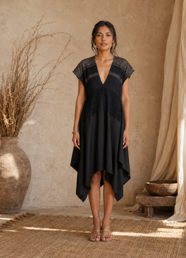 Vestido mitla - Telar negro-plata / Lino negro