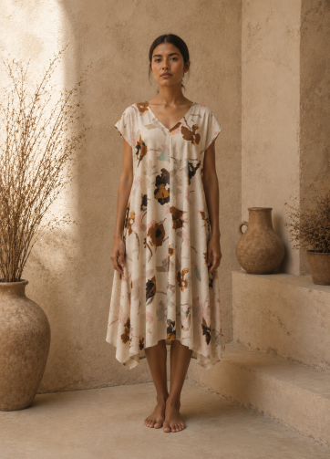 Vestido Monica - Lino-a crudo floral café