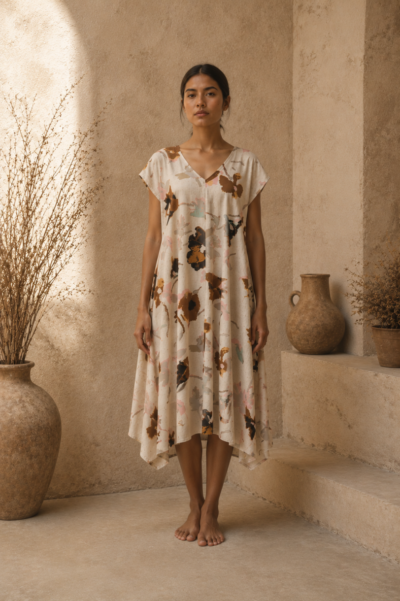 Vestido Monica - Lino-a crudo floral café