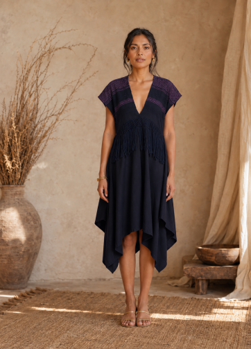 Vestido mitla- Telar azul marino-rosa electrico Lino-a azul marino