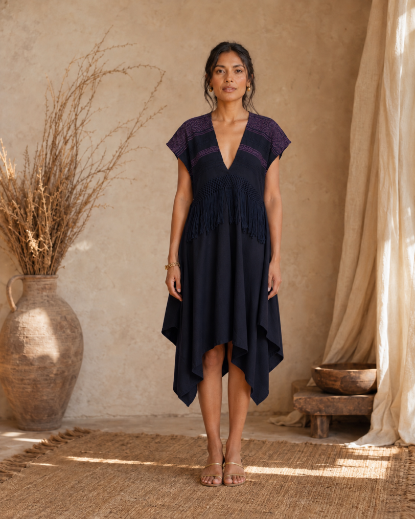 Vestido mitla- Telar azul marino-rosa electrico Lino-a azul marino