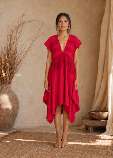 Vestido mitla - Telar rojo-rosa mex Lino-a rojo