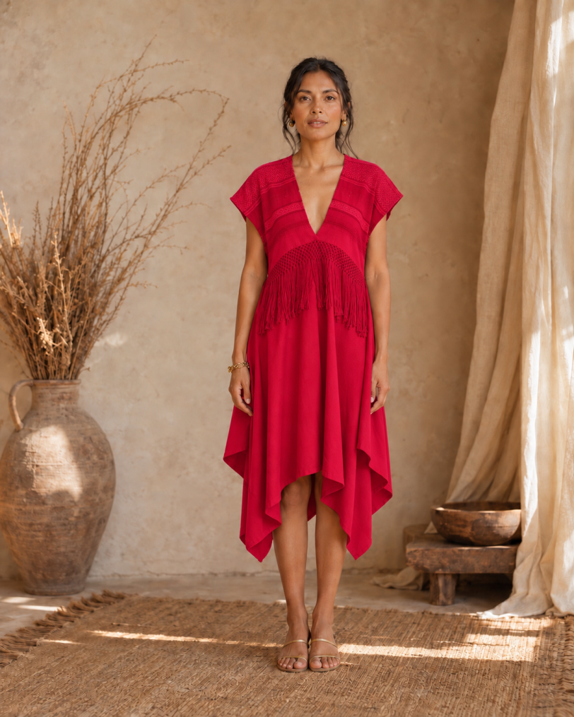 Vestido mitla - Telar rojo-rosa mex Lino-a rojo