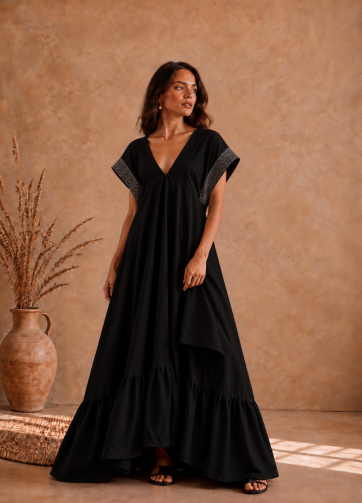 Vestido Celeste M - Telar negro-brocado plata / Lino-a negro