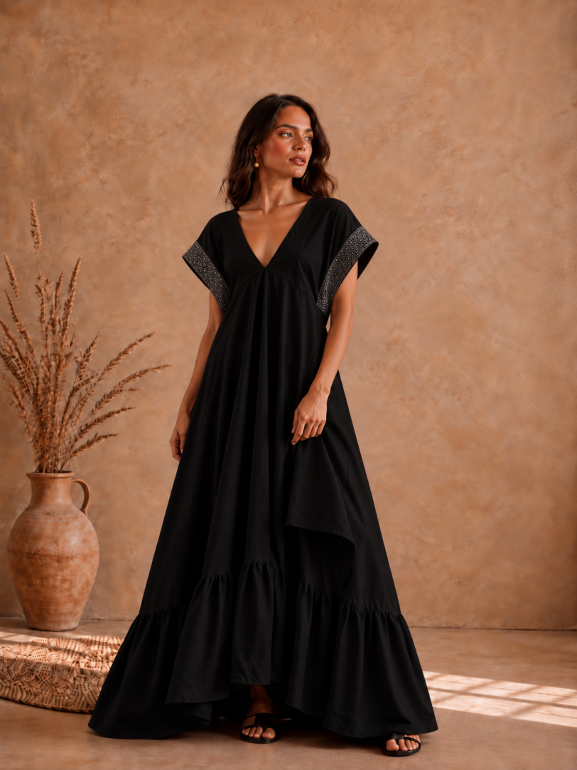 Vestido Celeste M - Telar negro-brocado plata / Lino-a negro